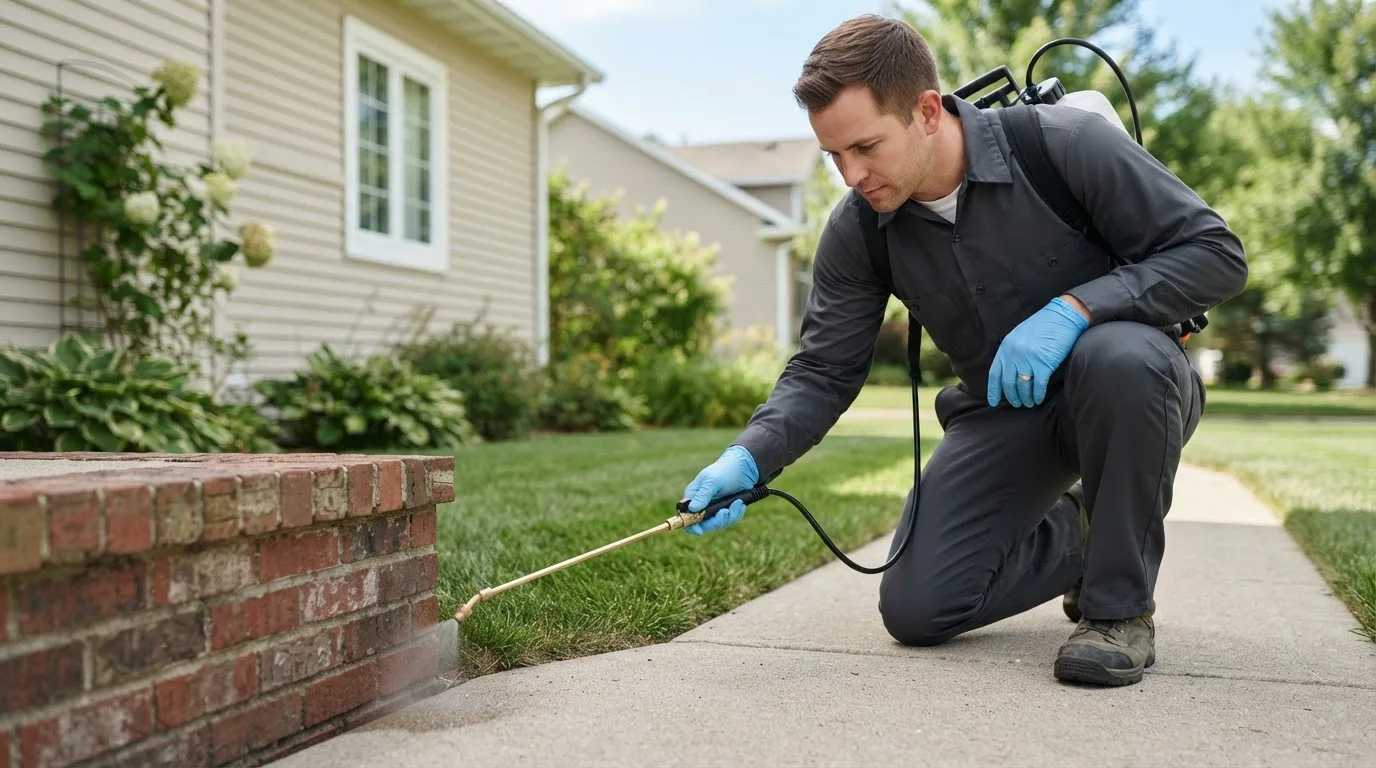 Pest control technician treating a home near Lawrenceville, IL