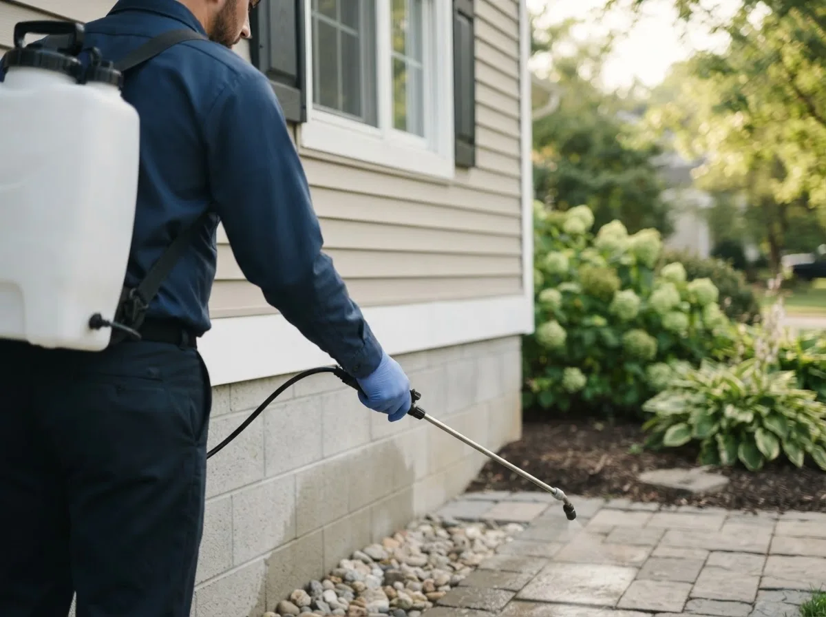 Pest control technician inspecting a home in Lawrenceville, IL